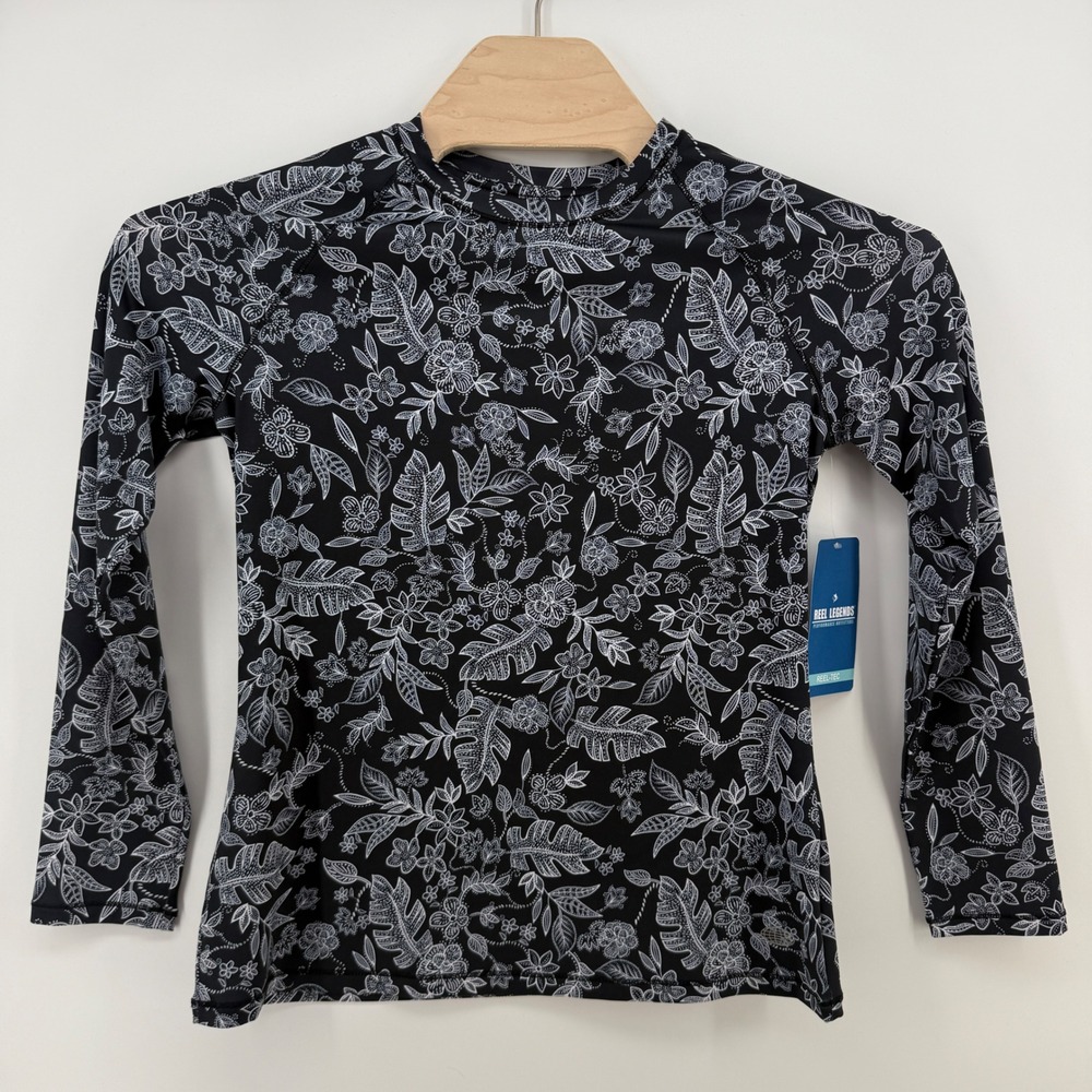 Reel Legends Reel-Tec Womens Small Black White Floral Rash Guard Sun Shirt NWT